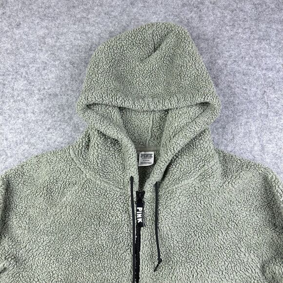PINK Victorias Secret Hoodie Womens Med Sherpa Fleece Pullover Kangaroo Pocket - Picture 9 of 13